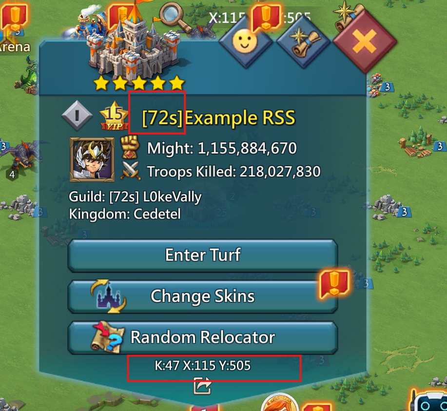 Example screenshot showing castle coordinates for RSS orders